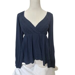 Hollister Navy Blue Lace Babydoll Blouse Top Long Sleeve Smocked Waist Sz S Y2K